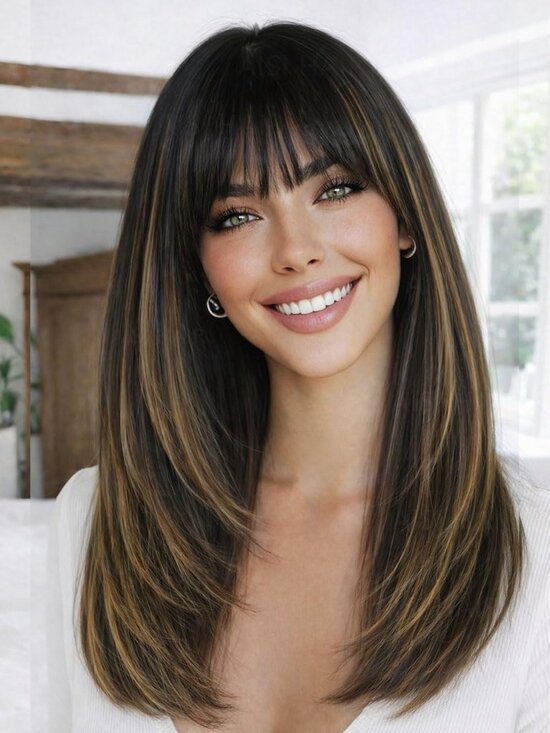 Women\'s Blonde Highligh Heat Resistant Middl Length Natural Layered Straight Wig main image 4
